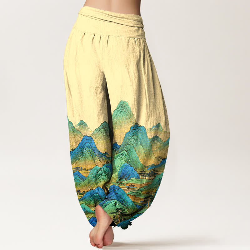 Buddha Stones Pantaloni harem da donna in puro cotone con motivo paesaggio montano blu e verde e vita elasticizzata. - image 6