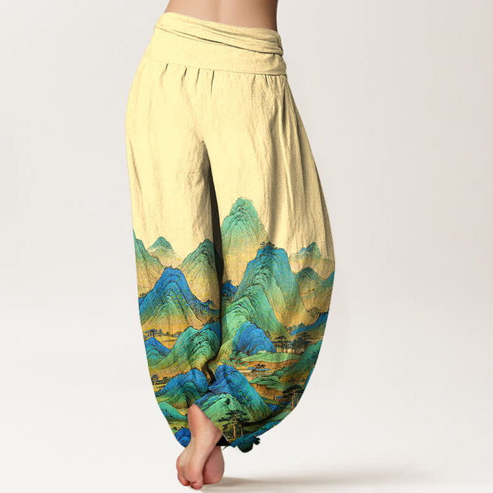 Buddha Stones Pantaloni harem da donna in puro cotone con motivo paesaggio montano blu e verde e vita elasticizzata. - image 6
