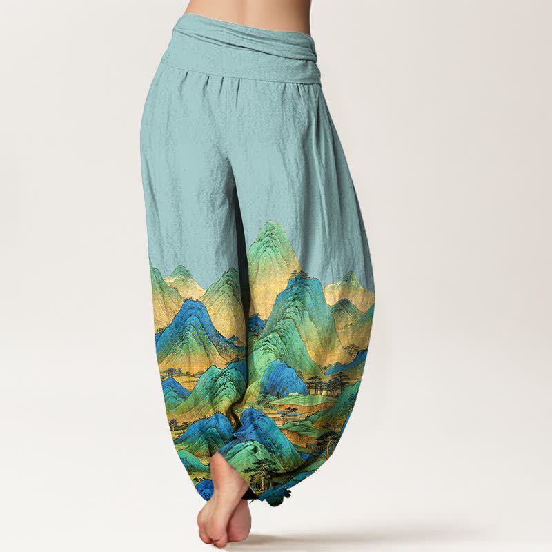 Buddha Stones Pantaloni harem da donna in puro cotone con motivo paesaggio montano blu e verde e vita elasticizzata. - image 1