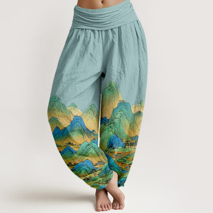 Buddha Stones Pantaloni harem da donna in puro cotone con motivo paesaggio montano blu e verde e vita elasticizzata. - Turchese pallido - US16, UK/AU20, EU48 (3XL) - image 0