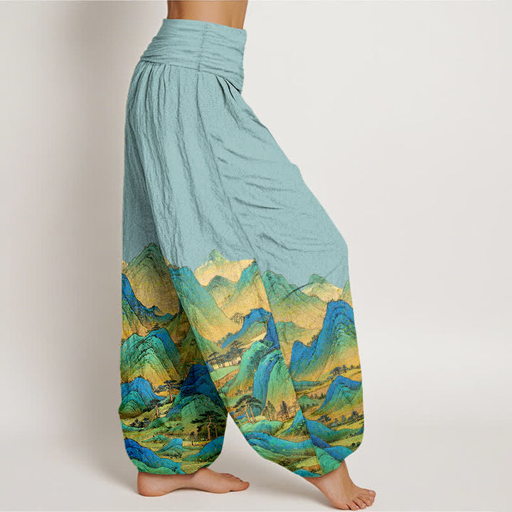 Buddha Stones Pantaloni harem da donna in puro cotone con motivo paesaggio montano blu e verde e vita elasticizzata. - image 2