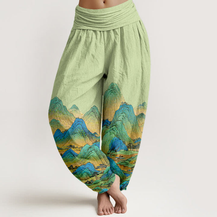 Buddha Stones Pantaloni harem da donna in puro cotone con motivo paesaggio montano blu e verde e vita elasticizzata. - Verde chiaro - US16, UK/AU20, EU48 (3XL) - image 8