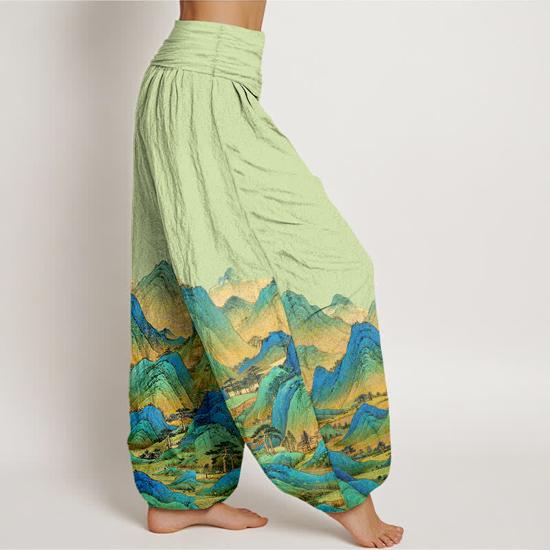 Buddha Stones Pantaloni harem da donna in puro cotone con motivo paesaggio montano blu e verde e vita elasticizzata. - image 10
