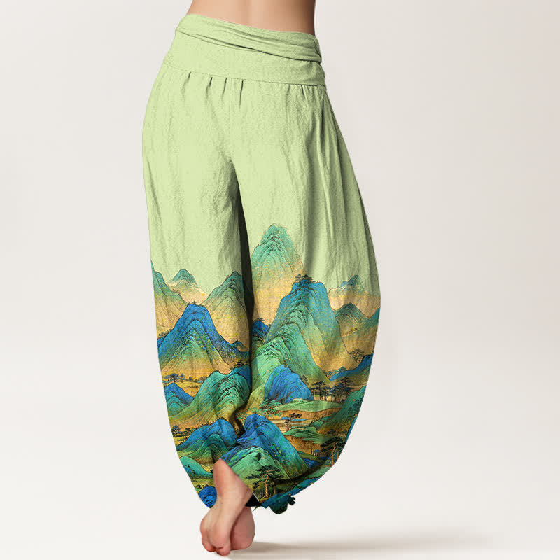 Buddha Stones Pantaloni harem da donna in puro cotone con motivo paesaggio montano blu e verde e vita elasticizzata. - image 9