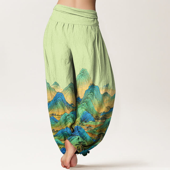 Buddha Stones Pantaloni harem da donna in puro cotone con motivo paesaggio montano blu e verde e vita elasticizzata. - image 9