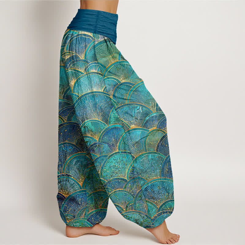 Buddha Stones Pantaloni harem da donna in puro cotone turchese con motivo a ventaglio e elastico in vita. - image 2