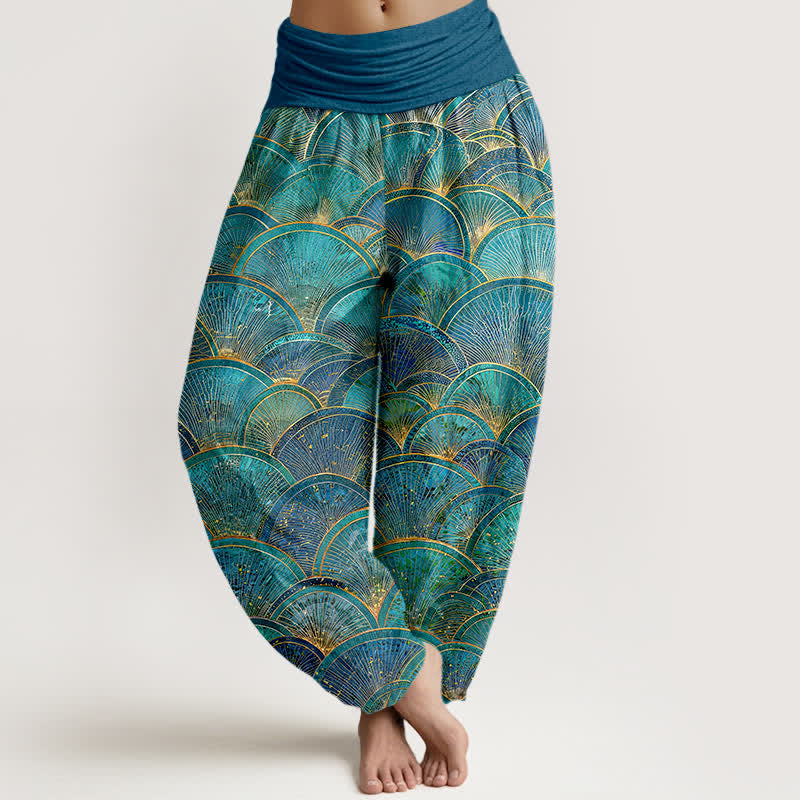 Buddha Stones Pantaloni harem da donna in puro cotone turchese con motivo a ventaglio e elastico in vita. - Turchese - US16, UK/AU20, EU48 (3XL) - image 0