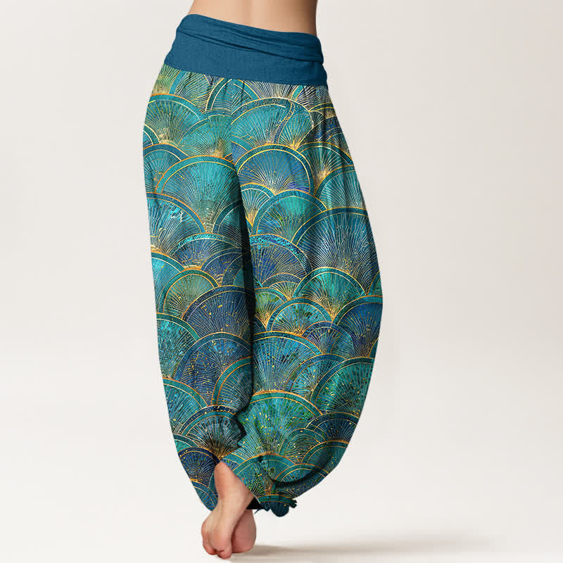 Buddha Stones Pantaloni harem da donna in puro cotone turchese con motivo a ventaglio e elastico in vita. - image 1