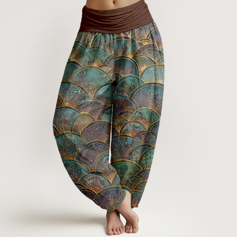 Buddha Stones Pantaloni harem da donna in puro cotone turchese con motivo a ventaglio e elastico in vita. - Marrone sella - US16, UK/AU20, EU48 (3XL) - image 5