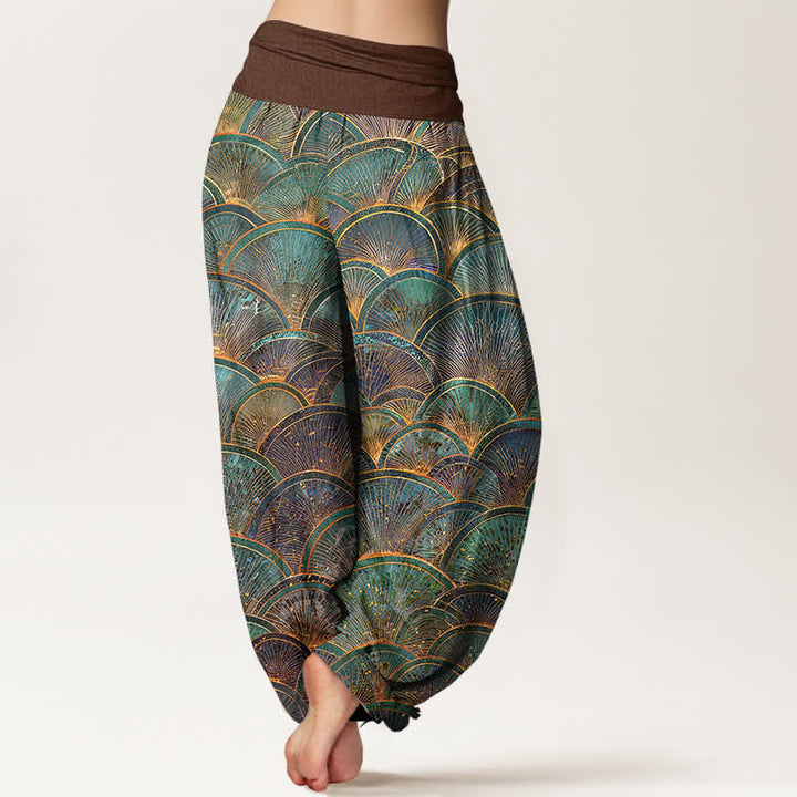 Buddha Stones Pantaloni harem da donna in puro cotone turchese con motivo a ventaglio e elastico in vita. - image 6