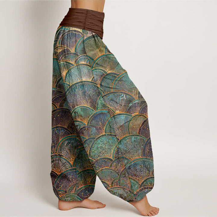 Buddha Stones Pantaloni harem da donna in puro cotone turchese con motivo a ventaglio e elastico in vita. - image 7
