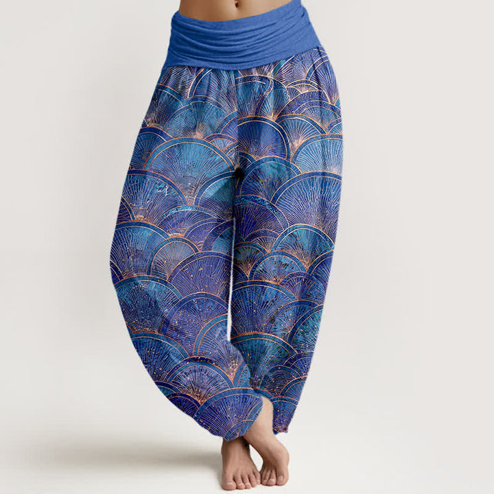 Buddha Stones Pantaloni harem da donna in puro cotone turchese con motivo a ventaglio e elastico in vita. - Blu reale - US16, UK/AU20, EU48 (3XL) - image 8
