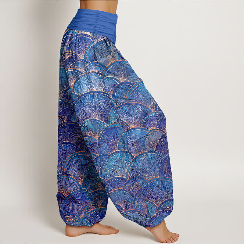 Buddha Stones Pantaloni harem da donna in puro cotone turchese con motivo a ventaglio e elastico in vita. - image 10