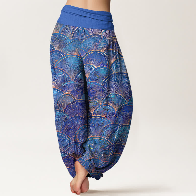 Buddha Stones Pantaloni harem da donna in puro cotone turchese con motivo a ventaglio e elastico in vita. - image 9