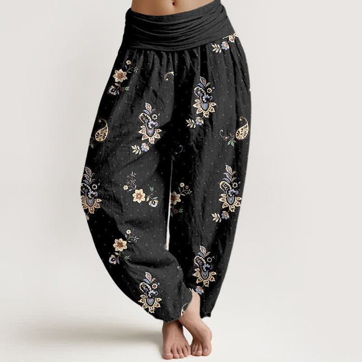 Buddha Stones Pantaloni harem da donna in puro cotone con fantasia floreale paisley in stile boho e vita elasticizzata. - Nero - US16, UK/AU20, EU48 (3XL) - image 0