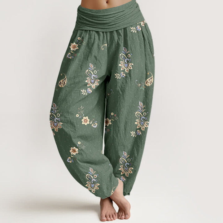 Buddha Stones Pantaloni harem da donna in puro cotone con fantasia floreale paisley in stile boho e vita elasticizzata. - Verde oliva scuro - US16, UK/AU20, EU48 (3XL) - image 8