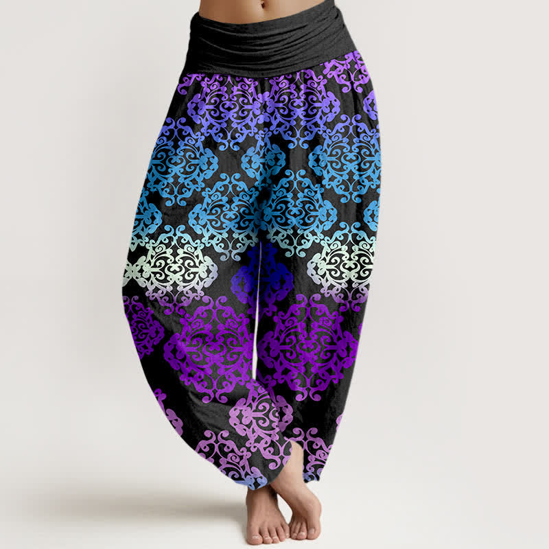 Buddha Stones Pantaloni harem da donna in puro cotone con motivo floreale barocco sfumato e vita elasticizzata. - Viola scuro - US16, UK/AU20, EU48 (3XL) - image 0