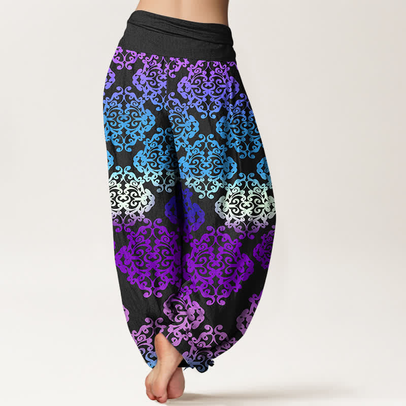 Buddha Stones Pantaloni harem da donna in puro cotone con motivo floreale barocco sfumato e vita elasticizzata. - image 1