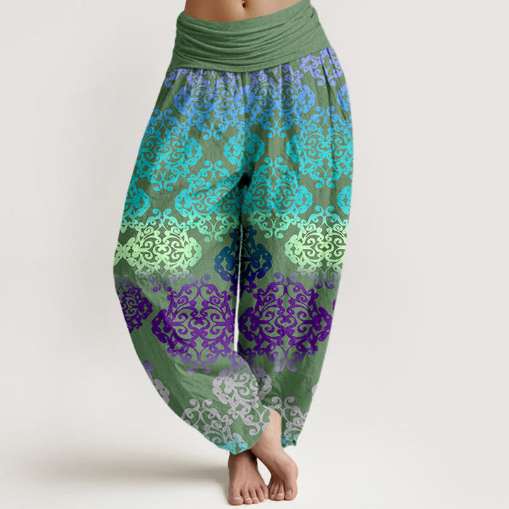 Buddha Stones Pantaloni harem da donna in puro cotone con motivo floreale barocco sfumato e vita elasticizzata. - Verde oliva - US16, UK/AU20, EU48 (3XL) - image 8