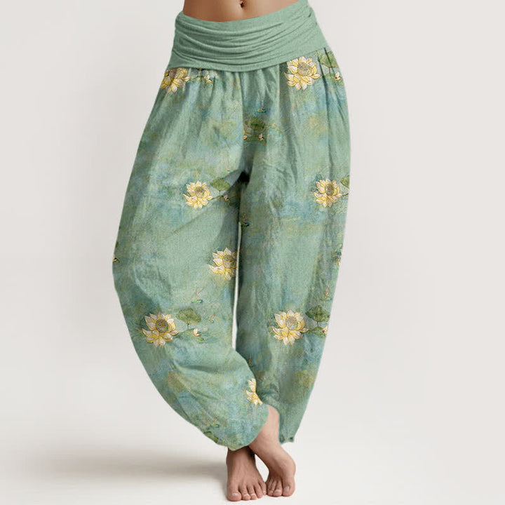 Buddha Stones Pantaloni harem da donna in cotone giallo con motivo a fiori di loto e elastico in vita. - Acquamarina media - US16, UK/AU20, EU48 (3XL) - image 0