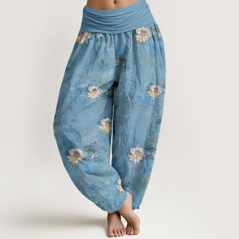 Buddha Stones Pantaloni harem da donna in cotone giallo con motivo a fiori di loto e elastico in vita. - Azzurro chiaro - US16, UK/AU20, EU48 (3XL) - image 5
