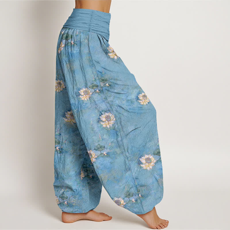 Buddha Stones Pantaloni harem da donna in cotone giallo con motivo a fiori di loto e elastico in vita. - image 7