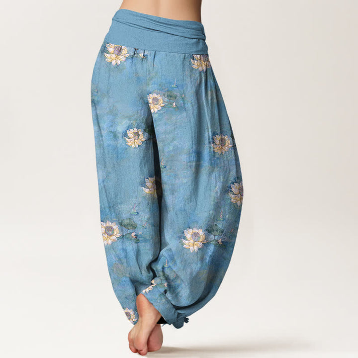 Buddha Stones Pantaloni harem da donna in cotone giallo con motivo a fiori di loto e elastico in vita. - image 6