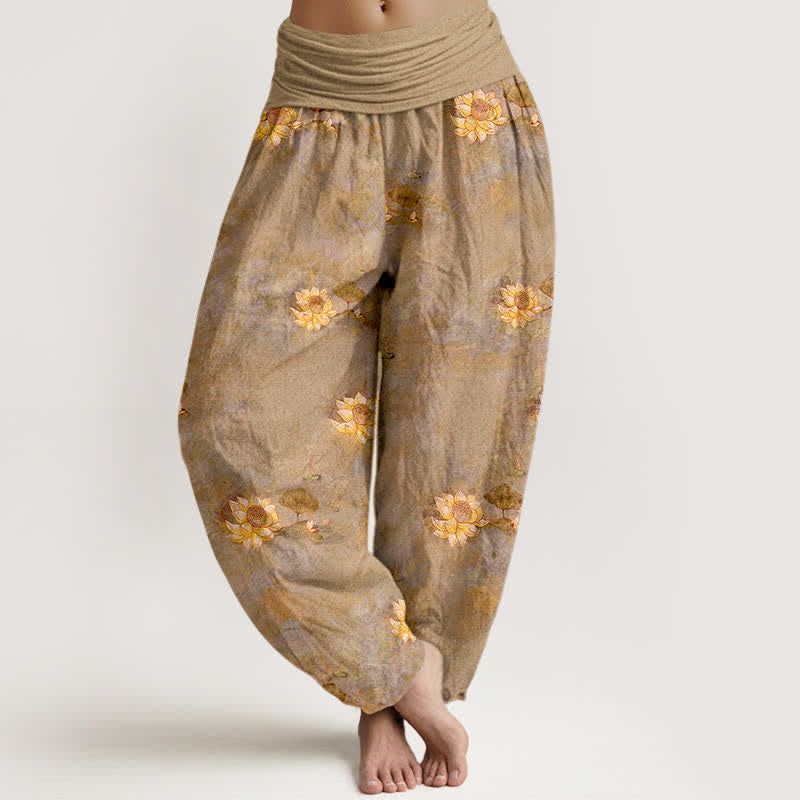 Buddha Stones Pantaloni harem da donna in cotone giallo con motivo a fiori di loto e elastico in vita. - Tan - US16, UK/AU20, EU48 (3XL) - image 8