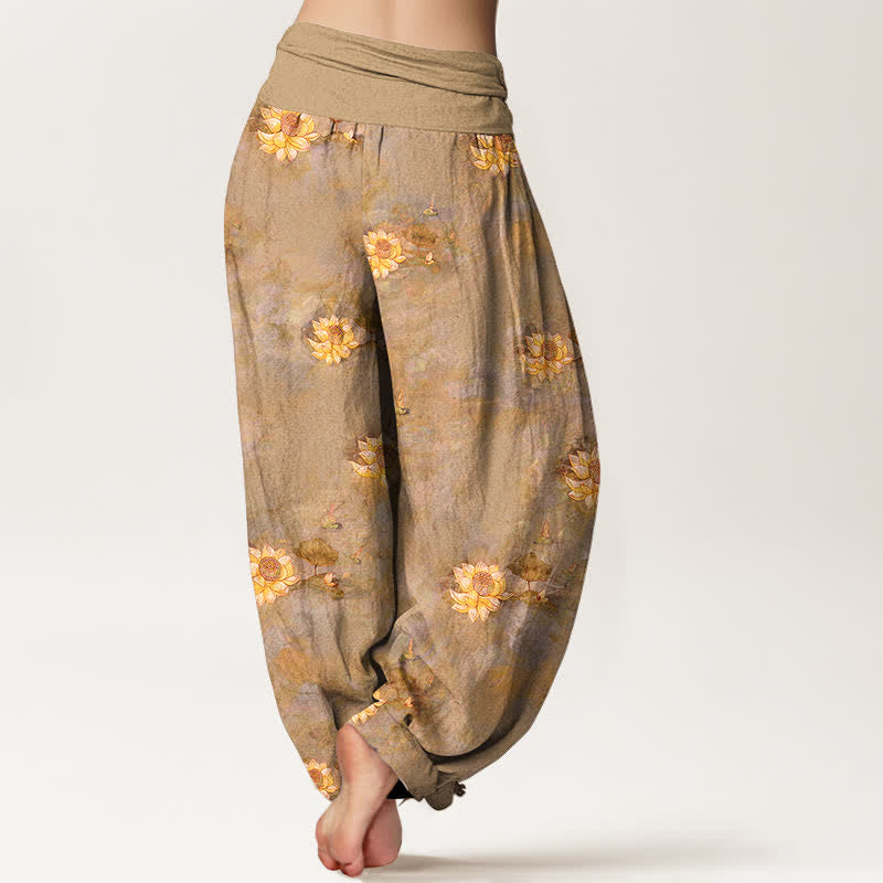Buddha Stones Pantaloni harem da donna in cotone giallo con motivo a fiori di loto e elastico in vita. - image 9