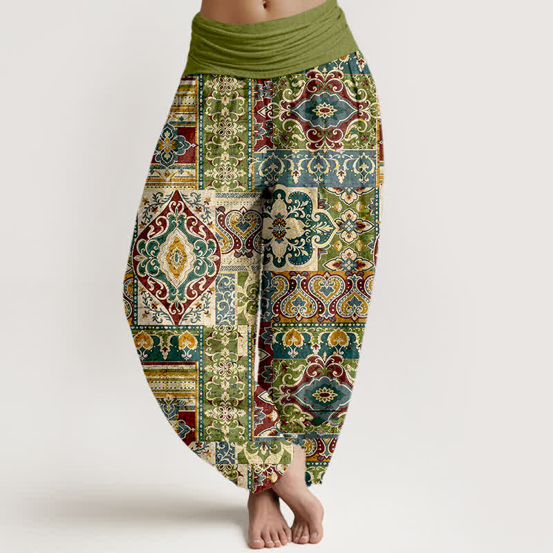 Buddha Stones Pantaloni harem da donna in cotone con motivo a mosaico color oliva e vita elasticizzata - Oliva - US16, UK/AU20, EU48 (3XL) - image 0