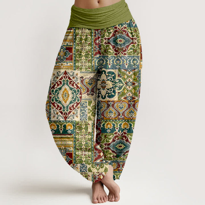 Buddha Stones Pantaloni harem da donna in cotone con motivo a mosaico color oliva e vita elasticizzata - Oliva - US16, UK/AU20, EU48 (3XL) - image 0