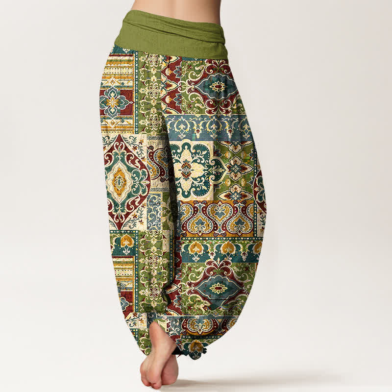Buddha Stones Pantaloni harem da donna in cotone con motivo a mosaico color oliva e vita elasticizzata - image 1
