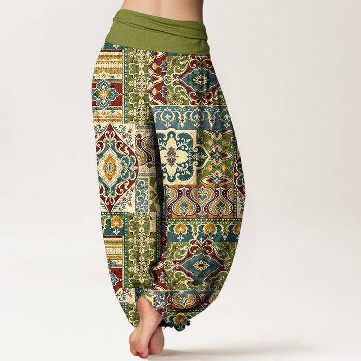 Buddha Stones Pantaloni harem da donna in cotone con motivo a mosaico color oliva e vita elasticizzata - image 1