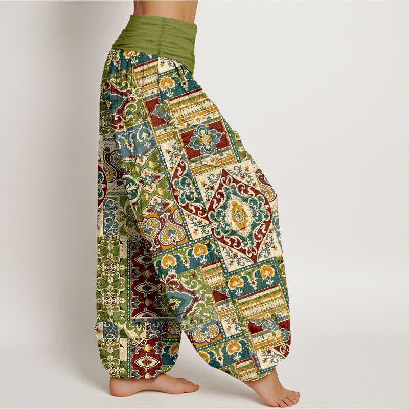 Buddha Stones Pantaloni harem da donna in cotone con motivo a mosaico color oliva e vita elasticizzata - image 2