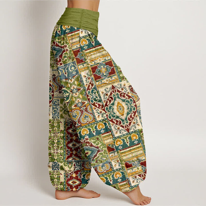 Buddha Stones Pantaloni harem da donna in cotone con motivo a mosaico color oliva e vita elasticizzata - image 2