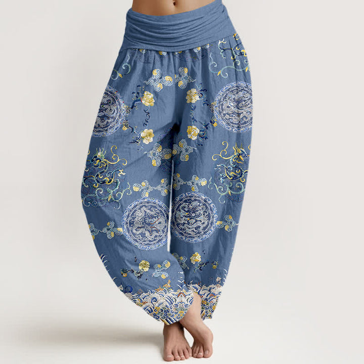 Buddha Stones Pantaloni harem da donna in cotone indaco con motivo a medaglione e drago, vita elasticizzata. - SteelBlue - US16, UK/AU20, EU48 (3XL) - image 5