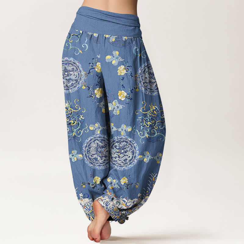 Buddha Stones Pantaloni harem da donna in cotone indaco con motivo a medaglione e drago, vita elasticizzata. - image 6