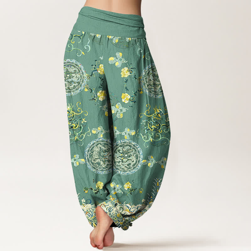 Buddha Stones Pantaloni harem da donna in cotone indaco con motivo a medaglione e drago, vita elasticizzata. - image 9