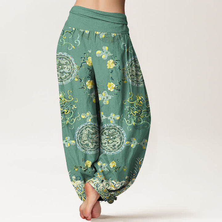 Buddha Stones Pantaloni harem da donna in cotone indaco con motivo a medaglione e drago, vita elasticizzata. - image 9