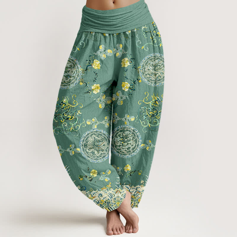 Buddha Stones Pantaloni harem da donna in cotone indaco con motivo a medaglione e drago, vita elasticizzata. - Verde medio del mare - US16, UK/AU20, EU48 (3XL) - image 8