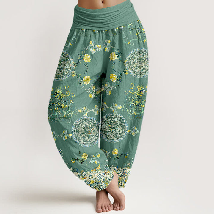 Buddha Stones Pantaloni harem da donna in cotone indaco con motivo a medaglione e drago, vita elasticizzata. - Verde medio del mare - US16, UK/AU20, EU48 (3XL) - image 8