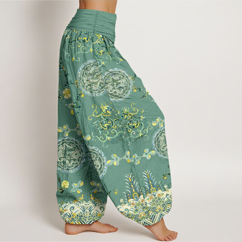 Buddha Stones Pantaloni harem da donna in cotone indaco con motivo a medaglione e drago, vita elasticizzata. - image 10