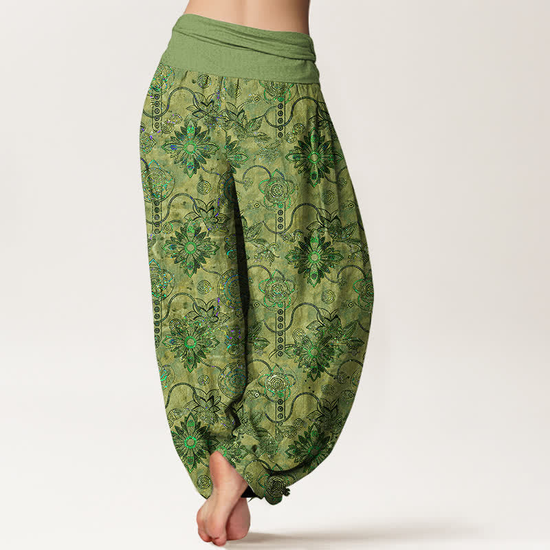 Buddha Stones Pantaloni harem da donna in puro cotone verde oliva con motivo floreale boho a rombi e vita elasticizzata. - image 1