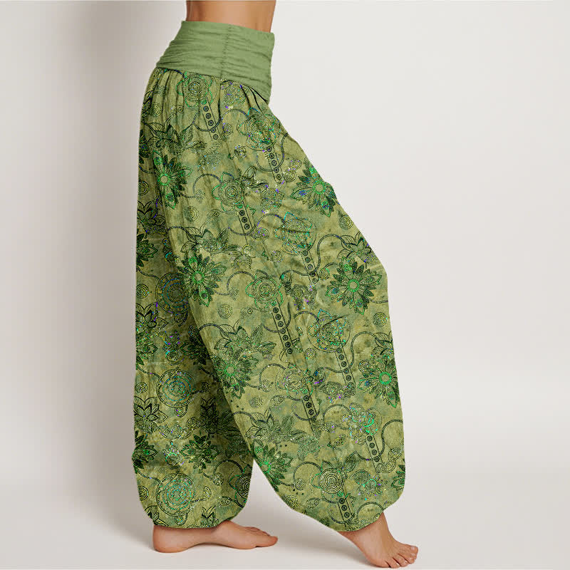 Buddha Stones Pantaloni harem da donna in puro cotone verde oliva con motivo floreale boho a rombi e vita elasticizzata. - image 2