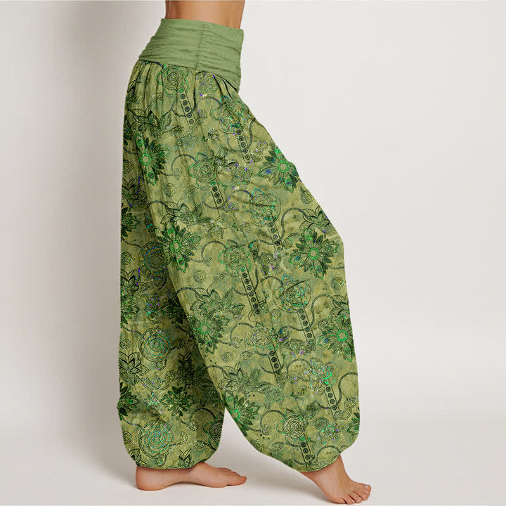 Buddha Stones Pantaloni harem da donna in puro cotone verde oliva con motivo floreale boho a rombi e vita elasticizzata. - image 2