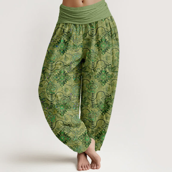 Buddha Stones Pantaloni harem da donna in puro cotone verde oliva con motivo floreale boho a rombi e vita elasticizzata. - Oliva - US16, UK/AU20, EU48 (3XL) - image 0