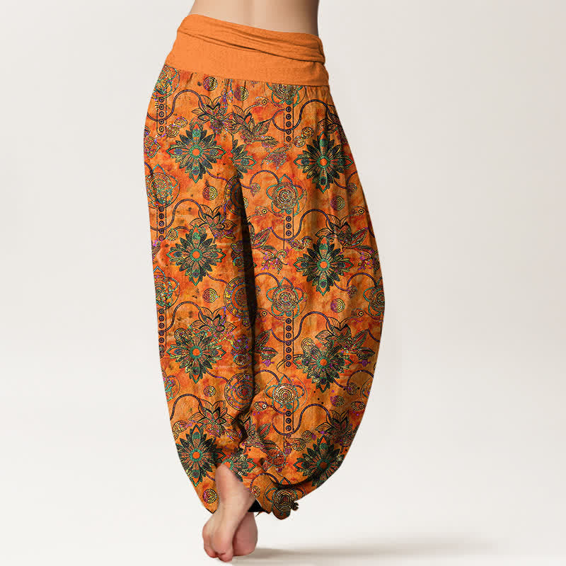 Buddha Stones Pantaloni harem da donna in puro cotone verde oliva con motivo floreale boho a rombi e vita elasticizzata. - image 6