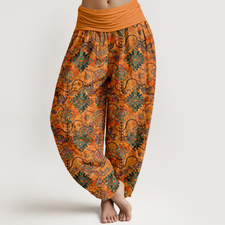 Buddha Stones Pantaloni harem da donna in puro cotone verde oliva con motivo floreale boho a rombi e vita elasticizzata. - Arancia - US16, UK/AU20, EU48 (3XL) - image 5