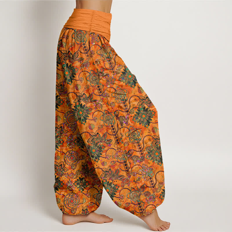 Buddha Stones Pantaloni harem da donna in puro cotone verde oliva con motivo floreale boho a rombi e vita elasticizzata. - image 7