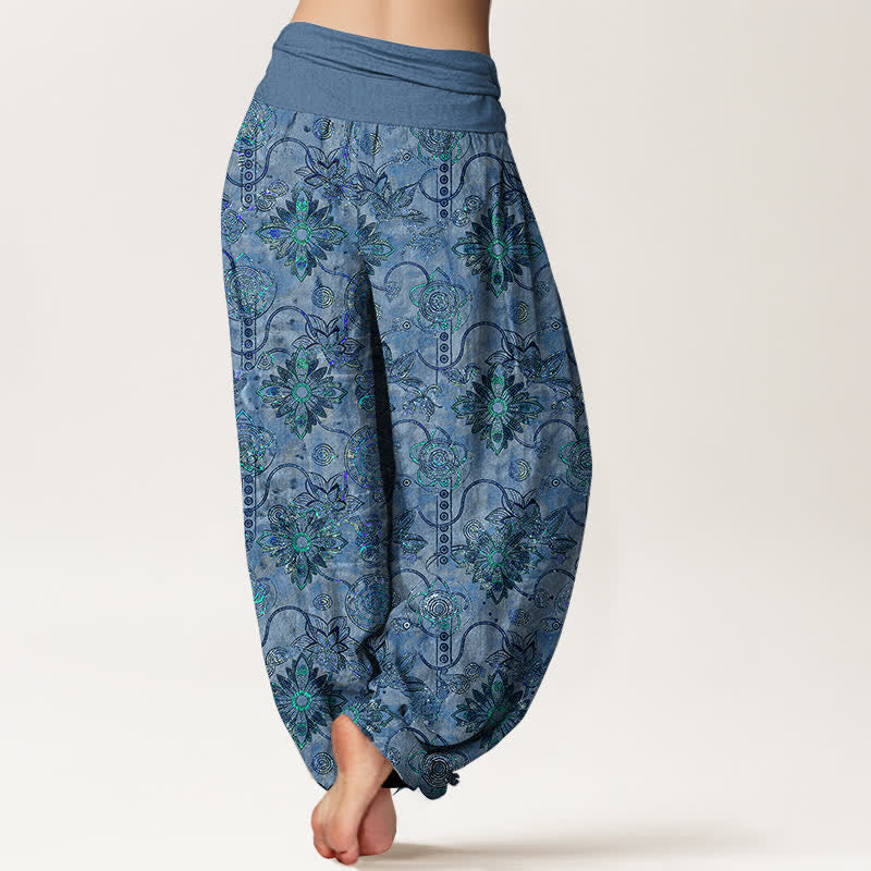 Buddha Stones Pantaloni harem da donna in puro cotone verde oliva con motivo floreale boho a rombi e vita elasticizzata. - image 9